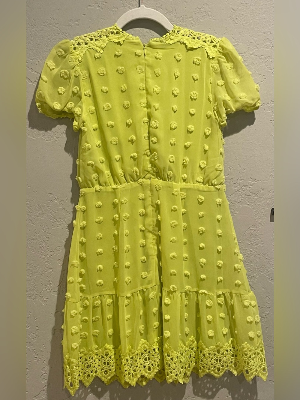 Love Design XS Neon Yellow Lace Pom-Pom Mini Dress PTP 16, length 34. - Picture 3 of 3